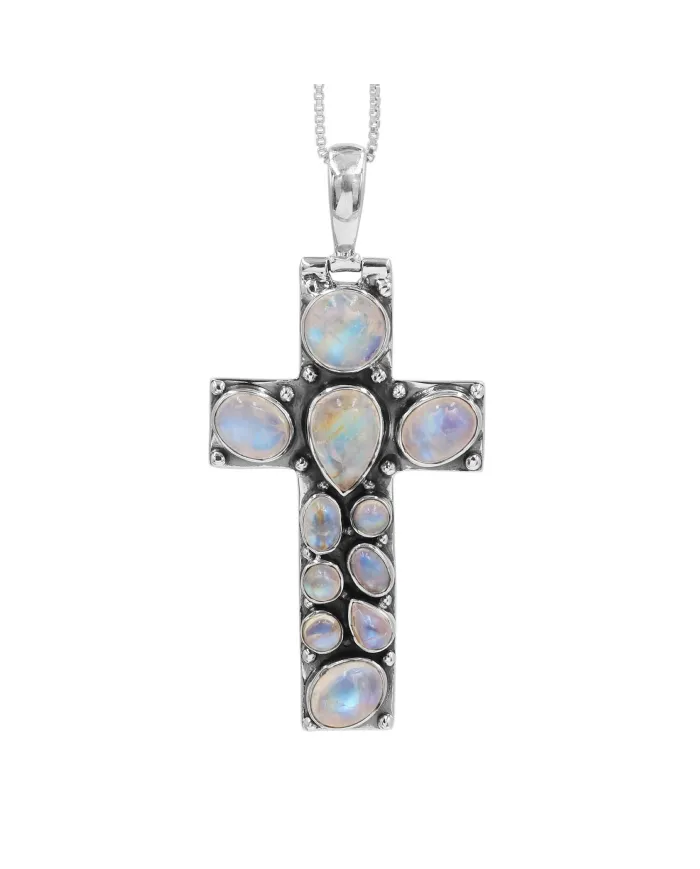 Rainbow Moonstone Cross Pendant Necklace - 925 Sterling Silver Jewelry