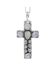 Rainbow Moonstone Cross Pendant Necklace - 925 Sterling Silver Jewelry