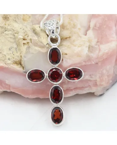 Garnet Cross Pendant in 925 Sterling Silver Handmade Religious Jewelry