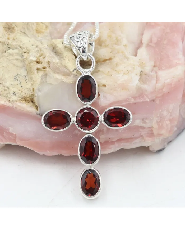 Garnet Cross Pendant in 925 Sterling Silver Handmade Religious Jewelry