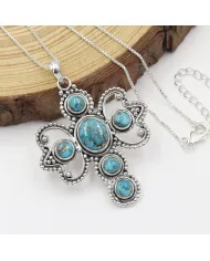 925 Sterling Silver Blue Copper Turquoise Cross Pendant Necklace