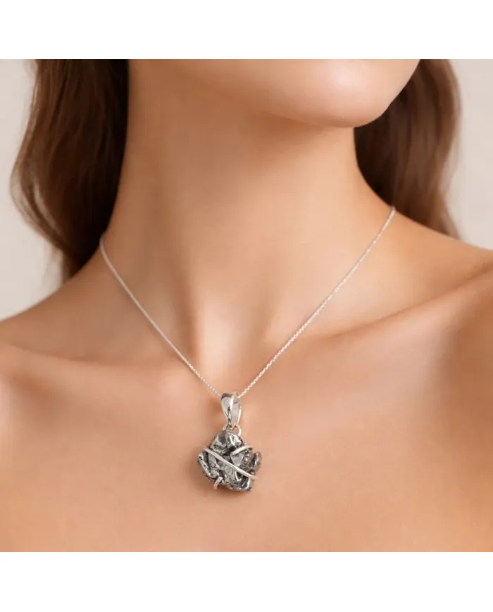 Raw Meteorite Pendant Necklace, 925 Sterling Silver Celestial Jewelry