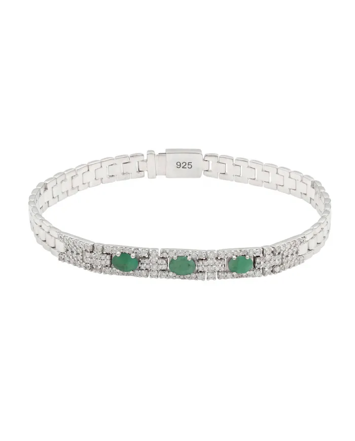 925 Sterling Silver Emerald & Swarovski Crystal Chain Bracelet
