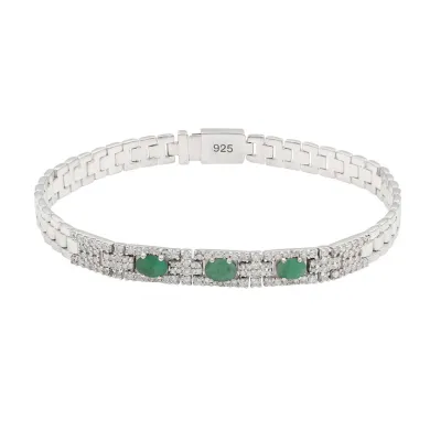 925 Sterling Silver Emerald & Swarovski Crystal Chain Bracelet