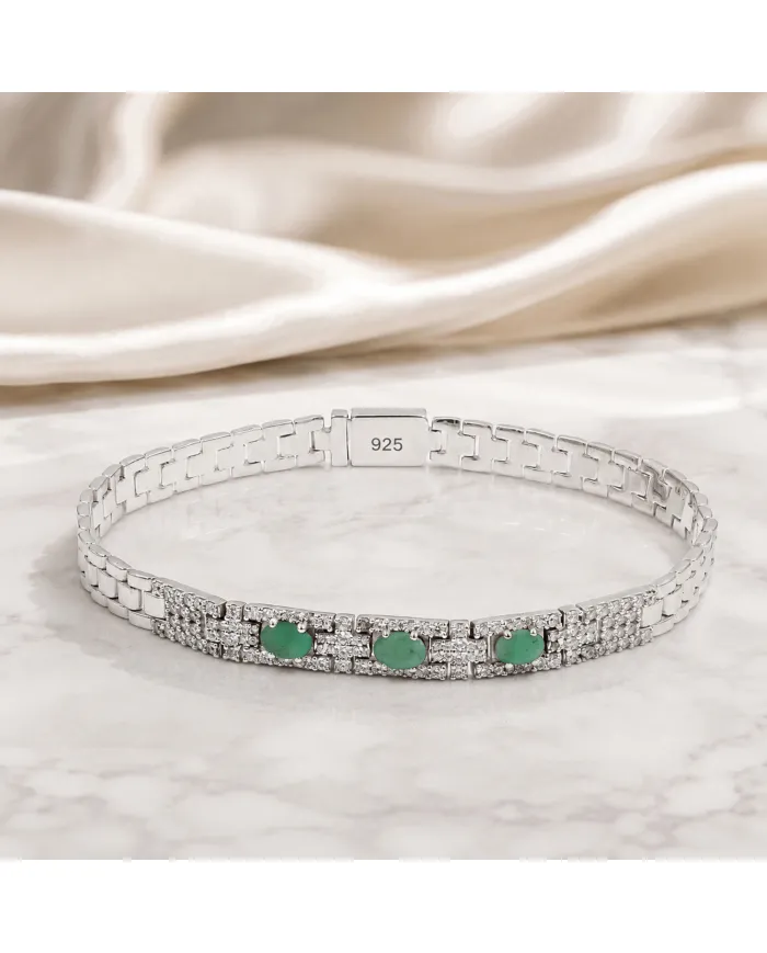 925 Sterling Silver Emerald & Swarovski Crystal Chain Bracelet