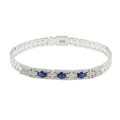 925 Sterling Silver Blue Sapphire & Swarovski Crystal Chain Bracelet