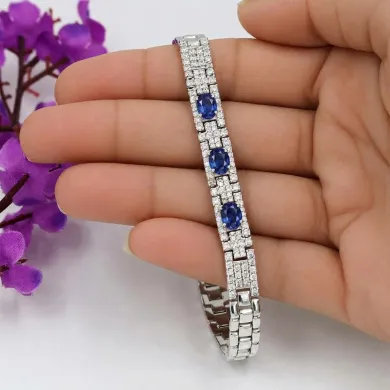 925 Sterling Silver Blue Sapphire & Swarovski Crystal Chain Bracelet