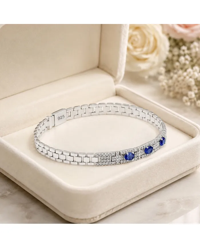 925 Sterling Silver Blue Sapphire & Swarovski Crystal Chain Bracelet