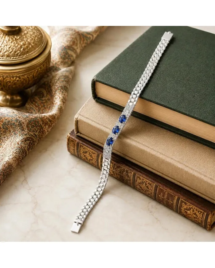 925 Sterling Silver Blue Sapphire & Swarovski Crystal Chain Bracelet