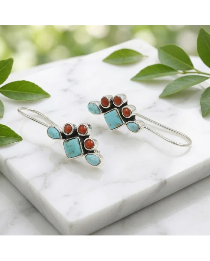 Arizona Turquoise & Coral Earrings | 925 Sterling Silver Jewelry