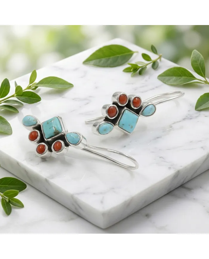 Arizona Turquoise & Coral Earrings | 925 Sterling Silver Jewelry