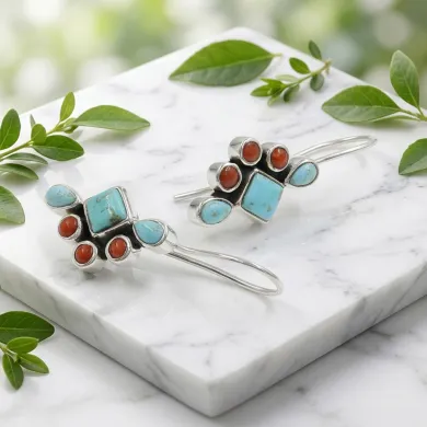 Arizona Turquoise & Coral Earrings | 925 Sterling Silver Jewelry