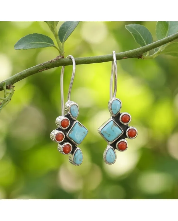 Arizona Turquoise & Coral Earrings | 925 Sterling Silver Jewelry