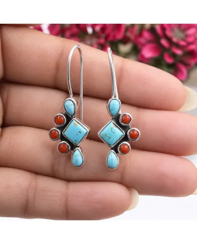 Arizona Turquoise & Coral Earrings | 925 Sterling Silver Jewelry