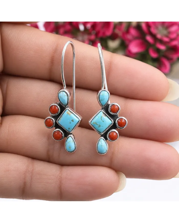 Arizona Turquoise & Coral Earrings | 925 Sterling Silver Jewelry
