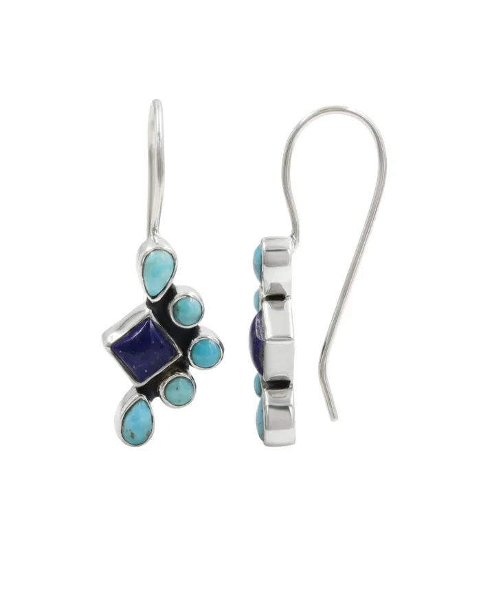 Arizona Turquoise, Lapis Lazuli Dangle Earrings - 925 Sterling Silver