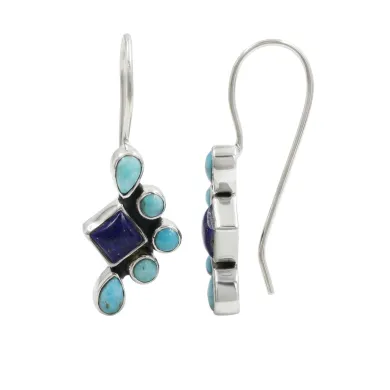 Arizona Turquoise, Lapis Lazuli Dangle Earrings - 925 Sterling Silver