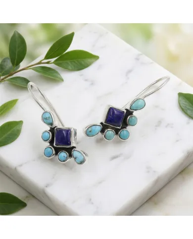 Arizona Turquoise, Lapis Lazuli Dangle Earrings - 925 Sterling Silver