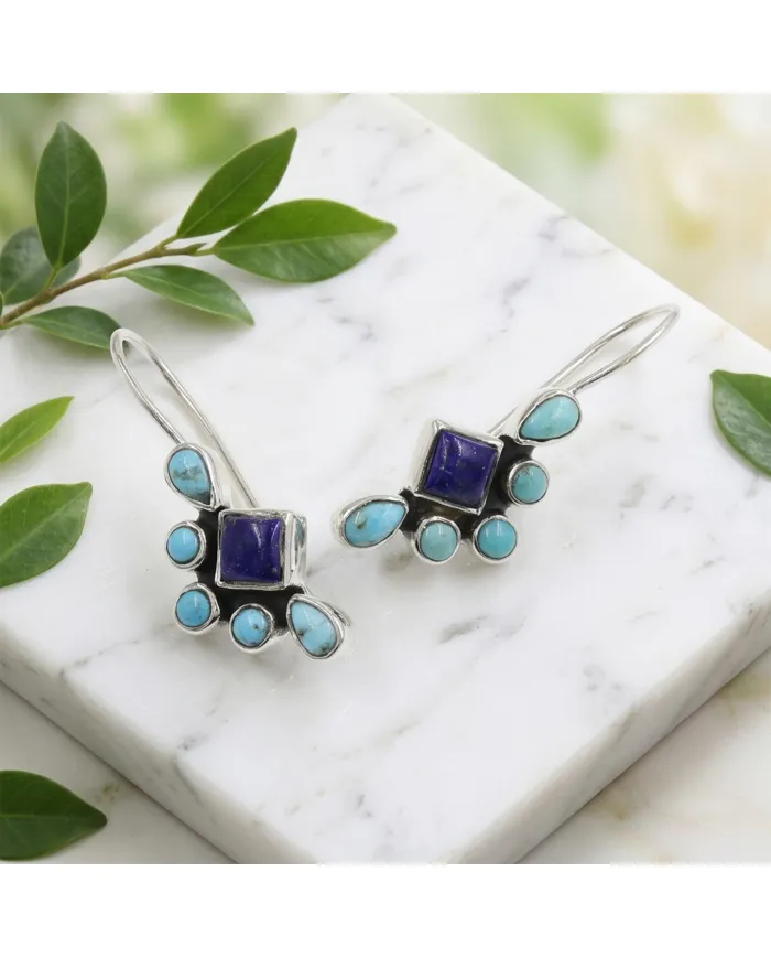 Arizona Turquoise, Lapis Lazuli Dangle Earrings - 925 Sterling Silver