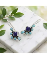 Arizona Turquoise, Lapis Lazuli Dangle Earrings - 925 Sterling Silver