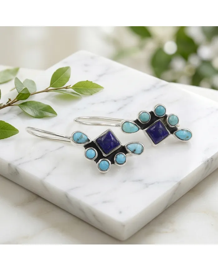 Arizona Turquoise, Lapis Lazuli Dangle Earrings - 925 Sterling Silver