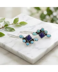 Arizona Turquoise, Lapis Lazuli Dangle Earrings - 925 Sterling Silver
