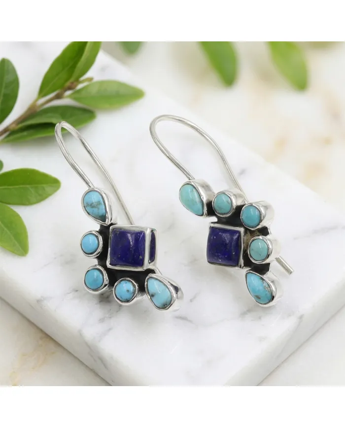 Arizona Turquoise, Lapis Lazuli Dangle Earrings - 925 Sterling Silver