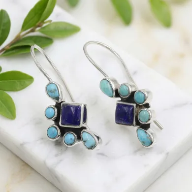 Arizona Turquoise, Lapis Lazuli Dangle Earrings - 925 Sterling Silver