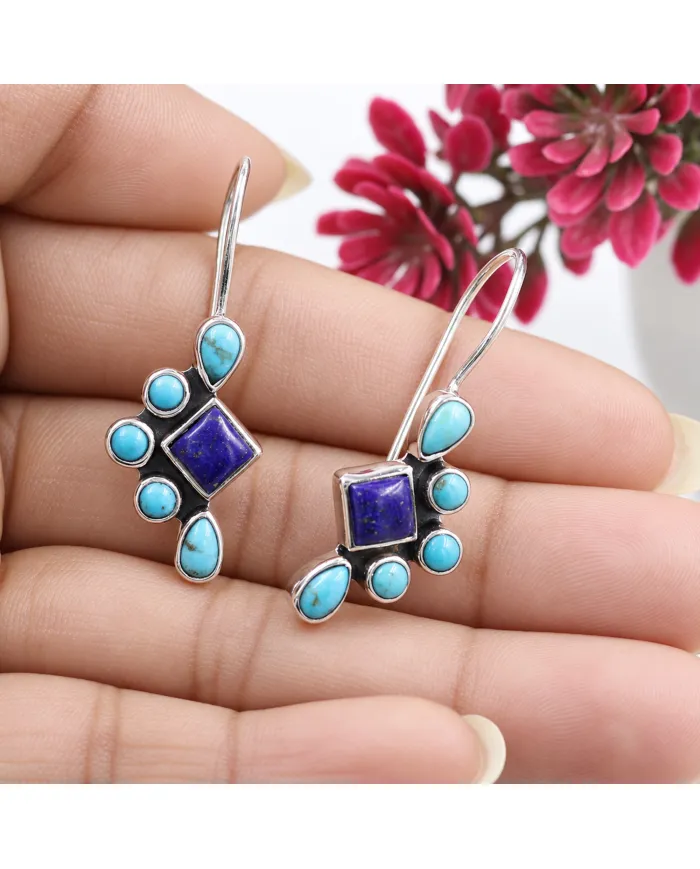 Arizona Turquoise, Lapis Lazuli Dangle Earrings - 925 Sterling Silver