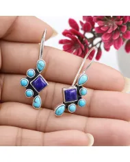 Arizona Turquoise, Lapis Lazuli Dangle Earrings - 925 Sterling Silver