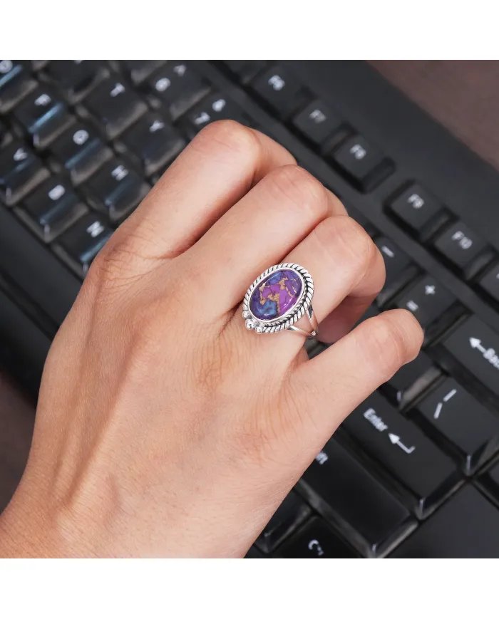 Purple Copper Turquoise Gemstone, Solid Sterling Silver Handmade Statement Ring For Women