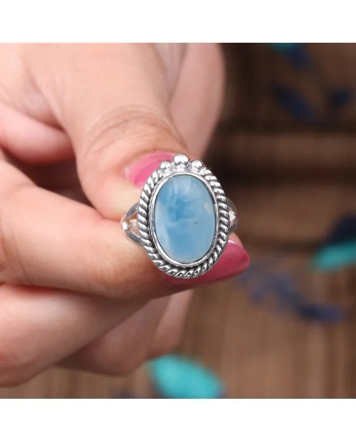 Larimar Gemstone, Solid Sterling Silver Handmade Statement Ring For Women