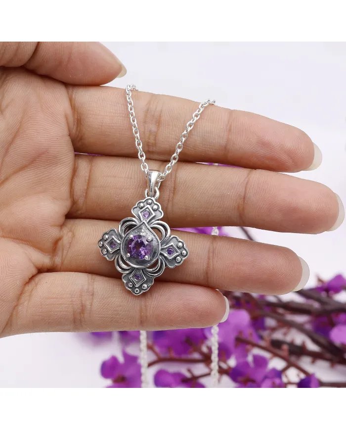 Amethyst Gemstone Handmade Sterling Silver Pendant Statement Necklace