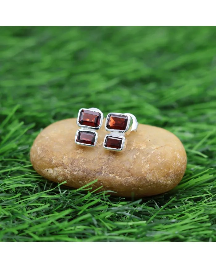 Natural Garnet Stud Earrings - Handmade 925 Sterling Silver Jewelry