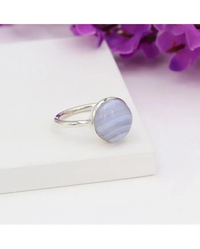 Blue Lace Agate Gemstone Ring - Sterling Silver Handmade Statement Ring Dainty Ring for Women