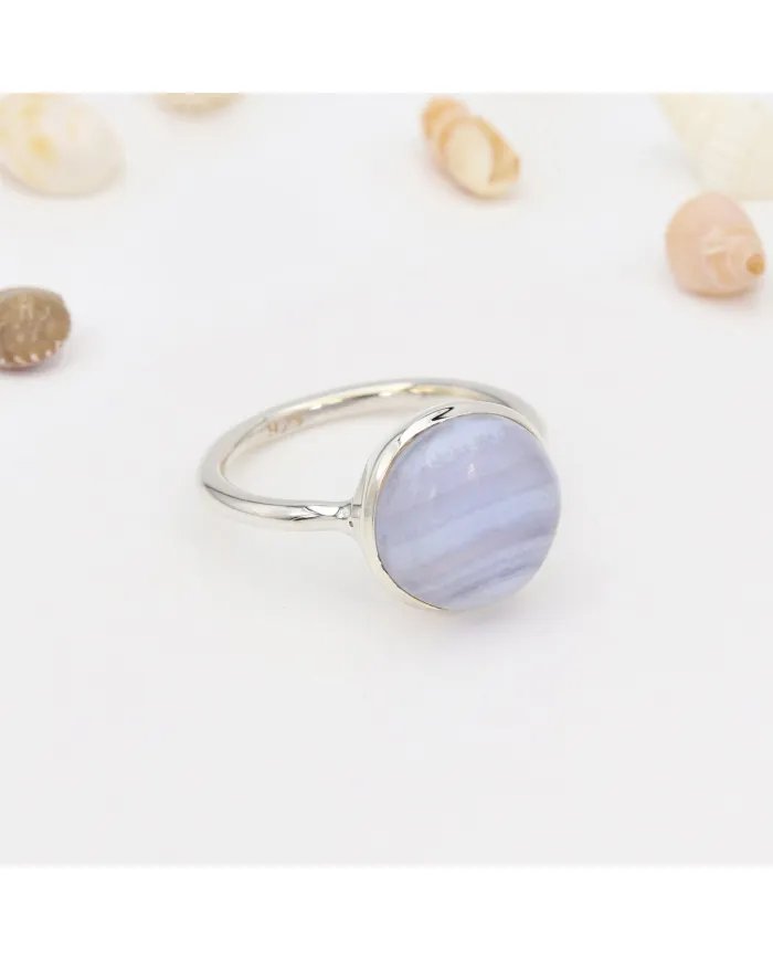 Blue Lace Agate Gemstone Ring - Sterling Silver Handmade Statement Ring Dainty Ring for Women