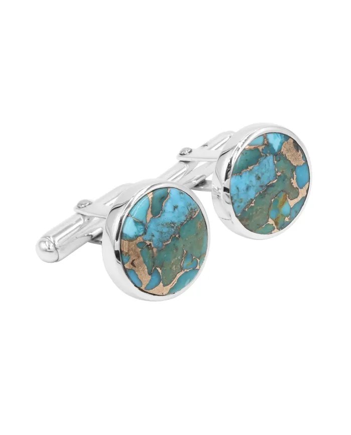 Blue Copper Turquoise Men's Studs - 925 Sterling Silver Handmade Cufflinks