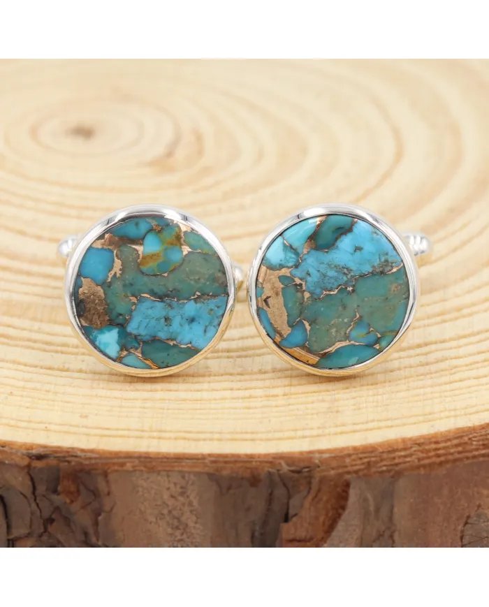 Blue Copper Turquoise Men's Studs - 925 Sterling Silver Handmade Cufflinks