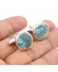 Blue Copper Turquoise Men's Studs - 925 Sterling Silver Handmade Cufflinks