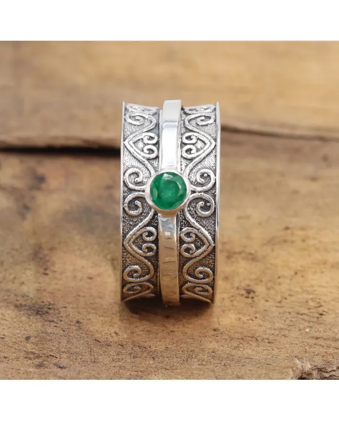 Emerald Spinner Ring | 925 Sterling Silver Filigree Fidget Band