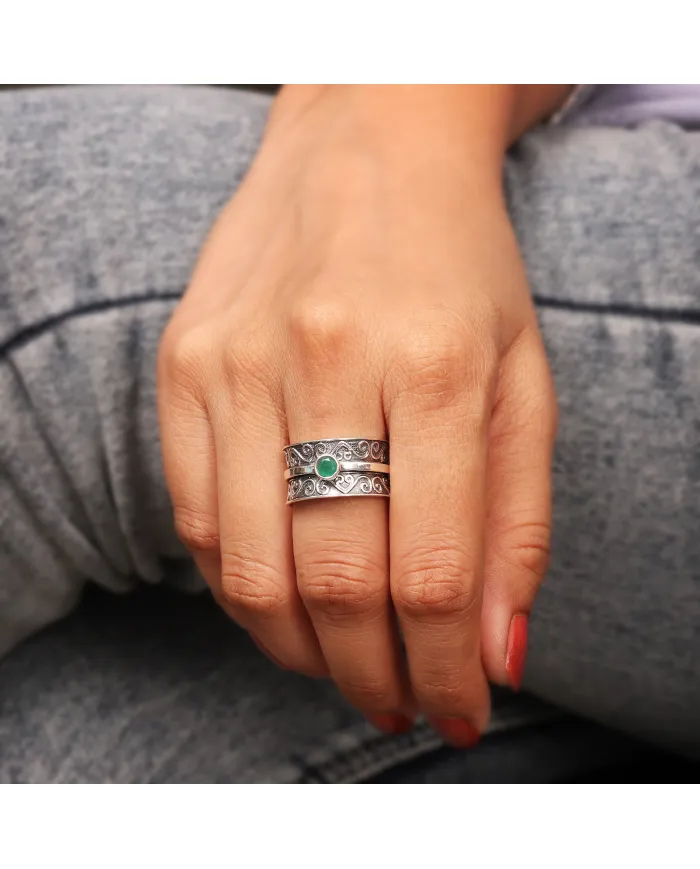Emerald Spinner Ring | 925 Sterling Silver Filigree Fidget Band