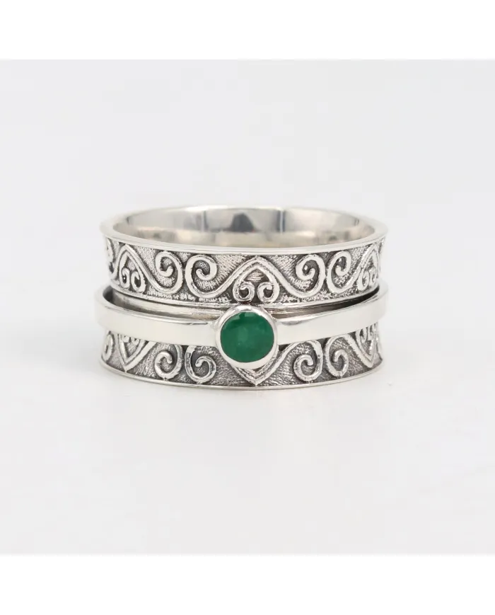 Emerald Spinner Ring | 925 Sterling Silver Filigree Fidget Band