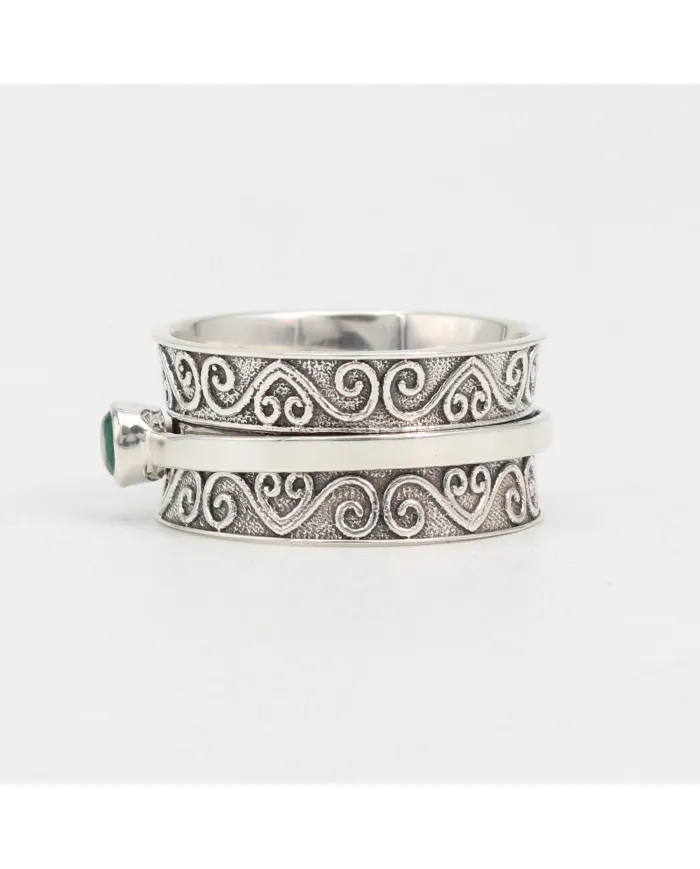 Emerald Spinner Ring | 925 Sterling Silver Filigree Fidget Band
