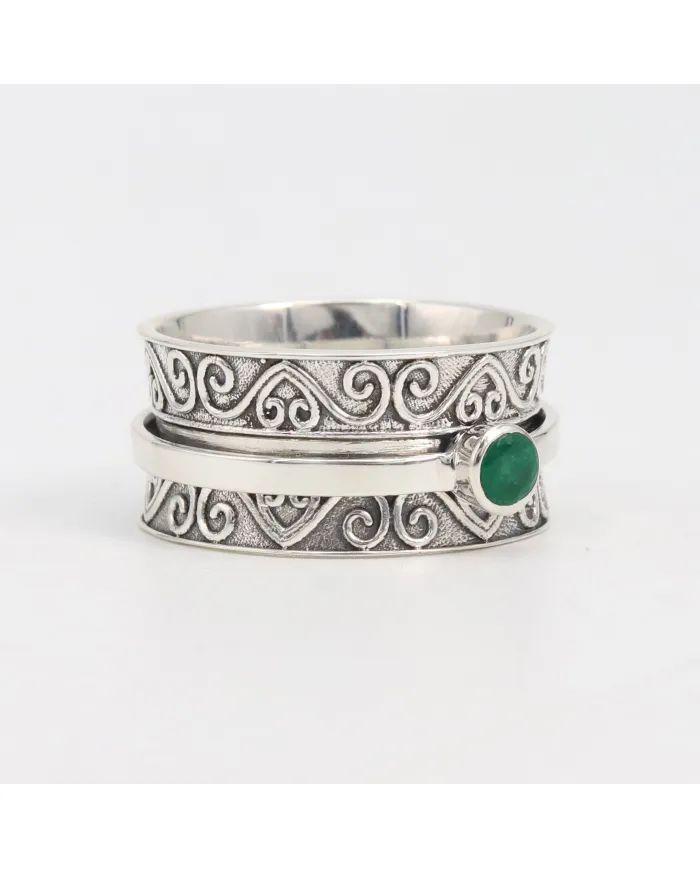 Emerald Spinner Ring | 925 Sterling Silver Filigree Fidget Band
