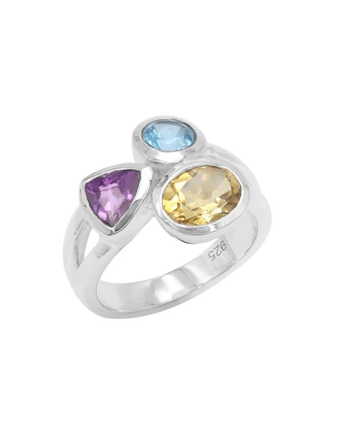 Amethyst Ring With Citrine & Blue Topaz Gemstone Ring - Sterling Silver Ring Handmade Statement Ring Dainty Ring for Women