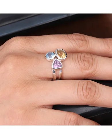 Amethyst Ring With Citrine & Blue Topaz Gemstone Ring - Sterling Silver Ring Handmade Statement Ring Dainty Ring for Women