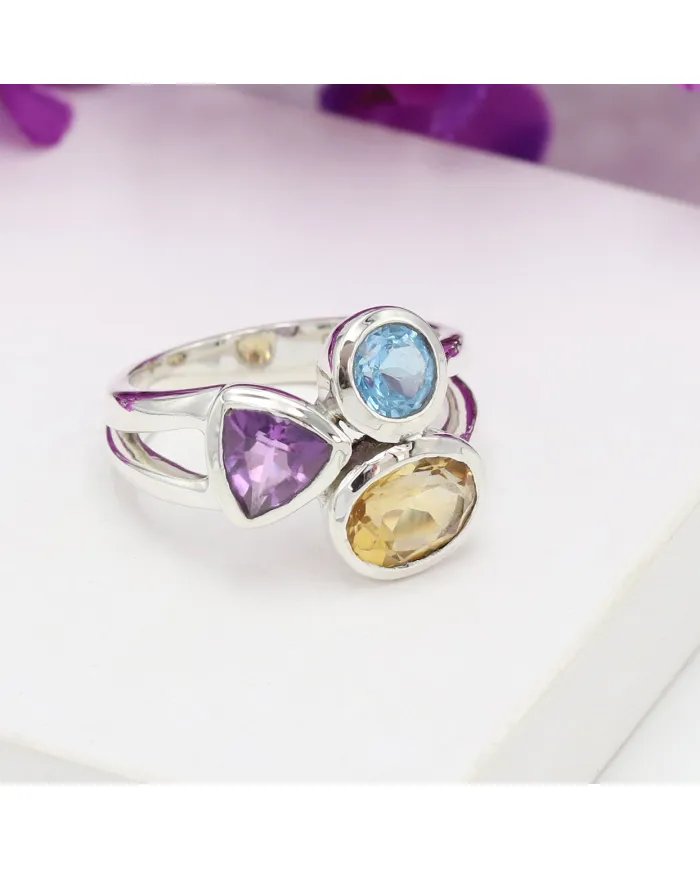Amethyst Ring With Citrine & Blue Topaz Gemstone Ring - Sterling Silver Ring Handmade Statement Ring Dainty Ring for Women