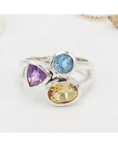 Amethyst Ring With Citrine & Blue Topaz Gemstone Ring - Sterling Silver Ring Handmade Statement Ring Dainty Ring for Women
