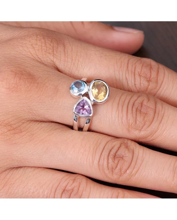 Amethyst Ring With Citrine & Blue Topaz Gemstone Ring - Sterling Silver Ring Handmade Statement Ring Dainty Ring for Women