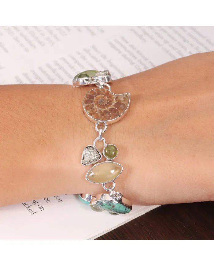Ammonite Bracelets, 925 Solid Silver Bracelet, Turquoise and Pyrite Bracelets, Gemstone Statement Bracelets, Bohemian Bracelet.
